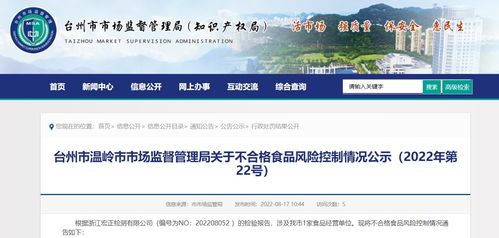 浙江省温岭市市场监督管理局公示不合格食品风险控制情况 2022年第22号